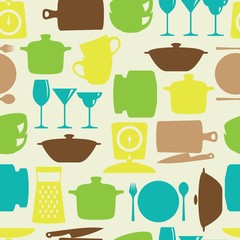 Kitchenware flat color design silhouette vector seamless pattern