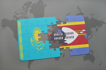 puzzle with the national flag of kazakhstan and swaziland on a world map