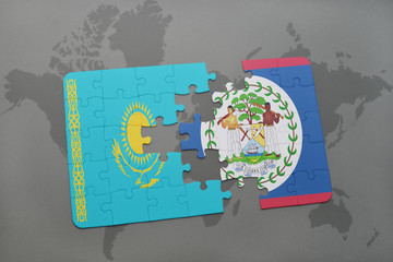puzzle with the national flag of kazakhstan and belize on a world map