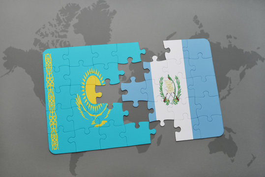 puzzle with the national flag of kazakhstan and guatemala on a world map