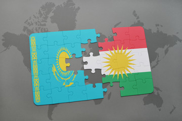 puzzle with the national flag of kazakhstan and kurdistan on a world map