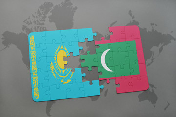 puzzle with the national flag of kazakhstan and maldives on a world map