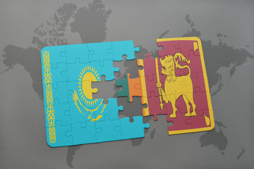 puzzle with the national flag of kazakhstan and sri lanka on a world map