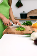 Close up of  woman's hands cooking in the kitchen. Housewife slicing ​​fresh salad. Vegetarian and healthily cooking concept