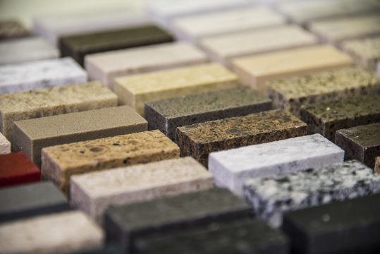 Kitchen stone countertops color samples lined up