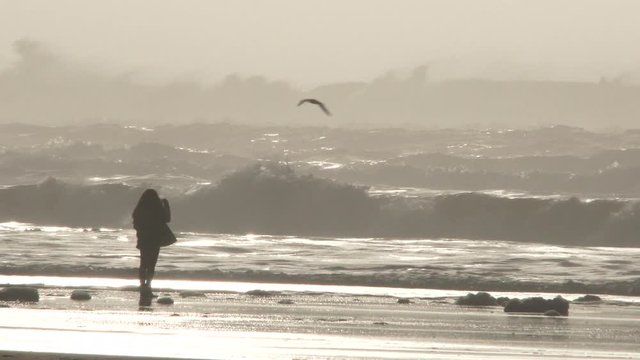 Unrecognizable girl out at the Oregon Coast uses phone to take pictures of large waves crashing and seagulls flying by.