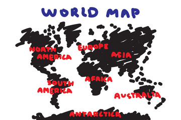 Freehand drawing style of world map and continent .