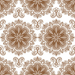 Seamless brown pattern mehndi background with flowers and lace buta decoration items on white background.