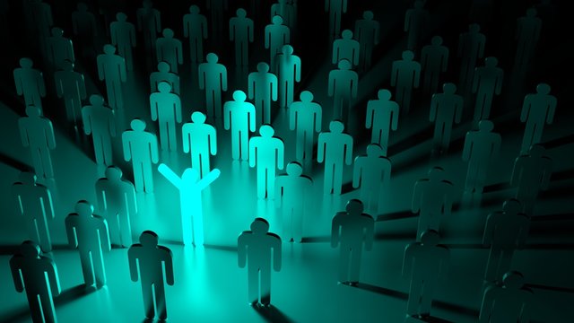 Blue happy glowing man standing in a group of ordinary people individuality concept 3D illustration