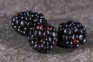 Three blackberries on gray stone