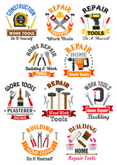Work tools emblems set for repair, construction