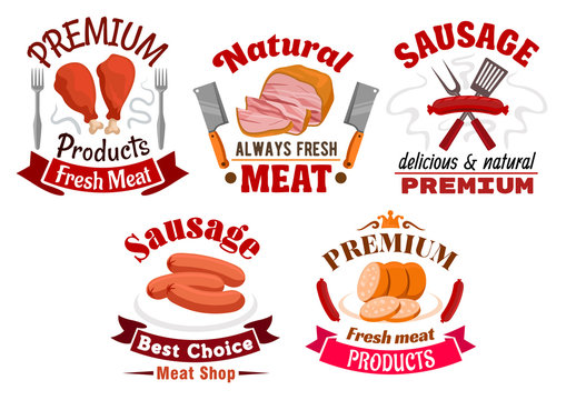 Butchery meat food and sausages emblems