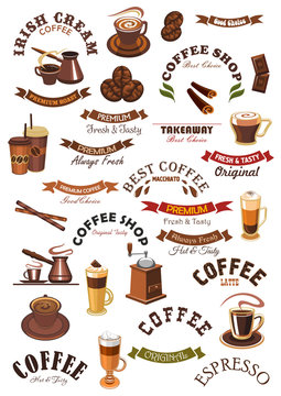 Coffee shop vector emblems, ribbons set