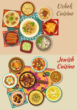 Jewish and uzbek cuisine dishes for menu design