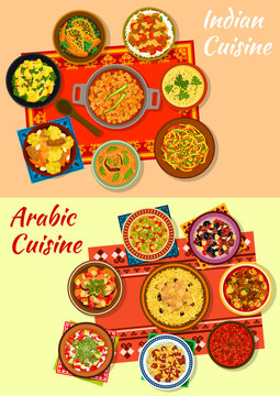 Indian and arabic cuisine traditional dishes icon