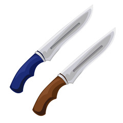Two knives with blue and brown handle. Vector