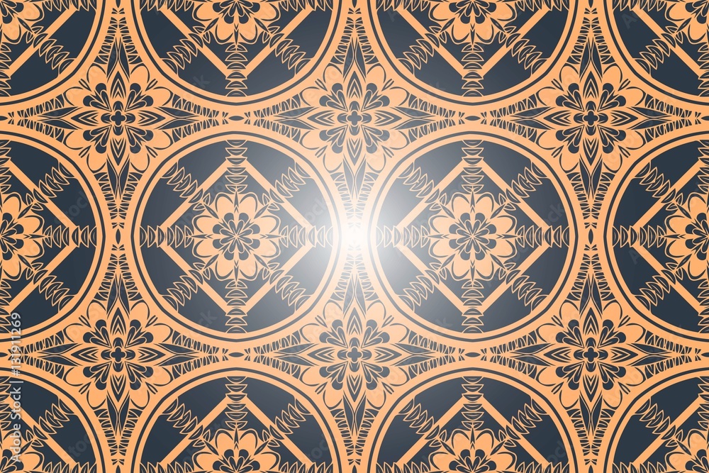 Poster on an abstract background of a symmetric pattern of ethnic style of medieval elements interwoven geo