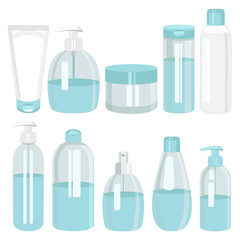 Cosmetics bottle products set. Body care and hygiene beauty isolated icons. Vector illustration.