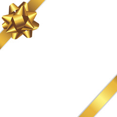 Beautiful card with white background and cute gradient gold ribbon. Gold bow. Vector card template.