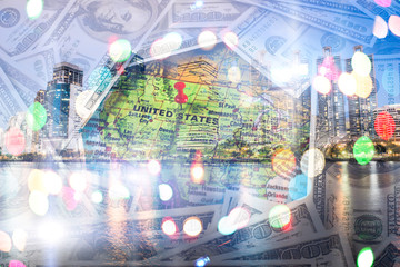 Double exposure of money with world map background.