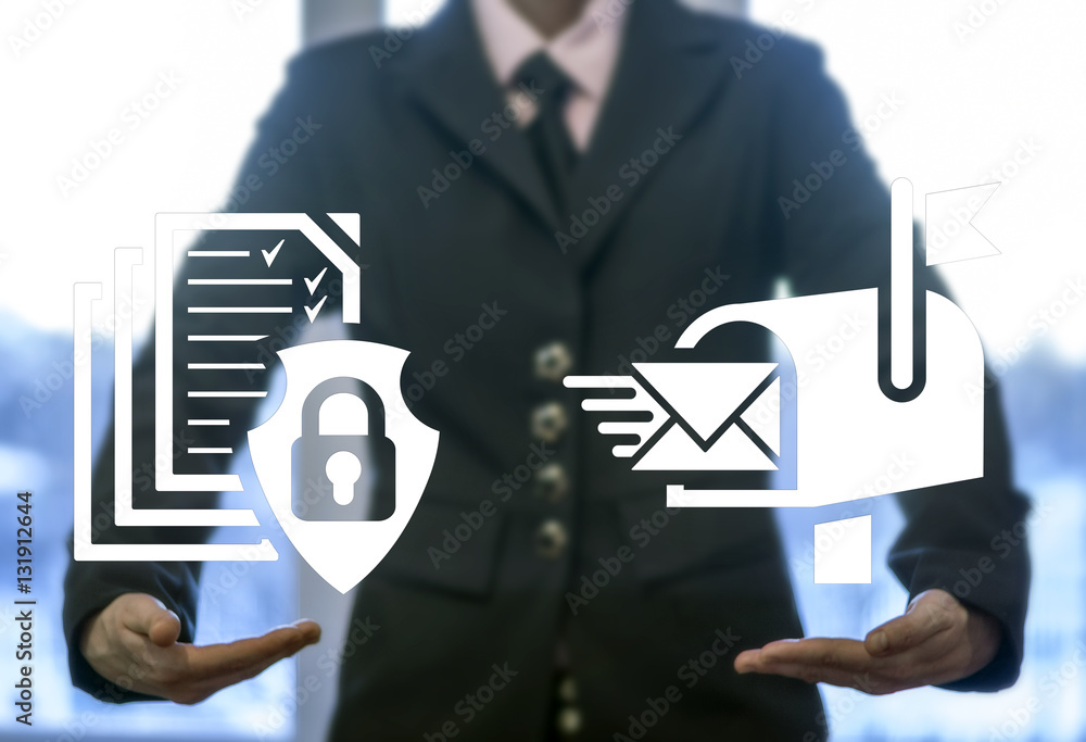 Poster mail box digital email marketing file document shield lock security business web protection concept.