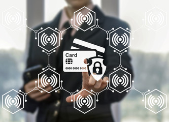 Security safety bank card web shopping business wifi communication connection concept. Credit debit card icon with shield lock protection money internet finance online buy payment technology