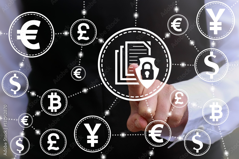 Poster business banking computer web security data trade exchange concept. file document shield lock icon. 