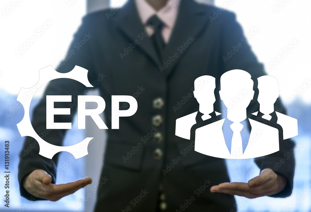 Poster erp business social network computer web enterprise resource planning gear icon concept. computing i