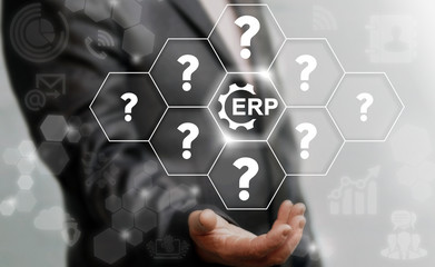 Erp questions business computer web enterprise resource planning gear icon concept. Mechanism computing faq question answer support service industrial internet finance technology