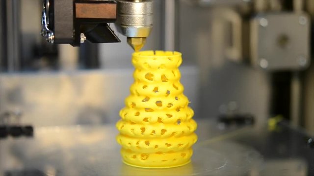Timelapse 3d printer printing objects yellow form closeup. Modern technical 3D printing. HD 1080 30 fps