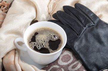 View close-up on white cup of coffee