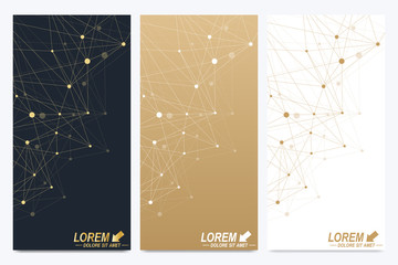 Modern set of vector flyers. Geometric abstract presentation. Molecule and communication background for medicine, science, technology, chemistry. Golden cybernetic dots. Lines plexus. Card surface