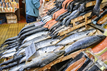Salmon for sale at Angelmo Fish Market in Puerto Montt, Chile