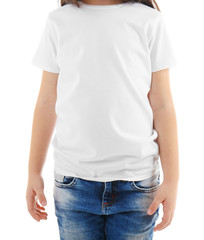 Little girl in blank t-shirt on white background, close up