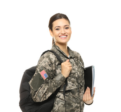 Pretty Female Cadet Of Military School On White Background