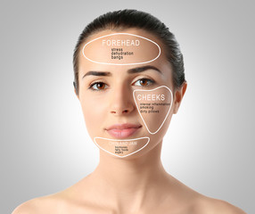 Young woman with acne face map on gray background. Skin care concept