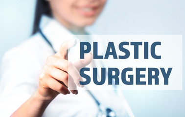 Woman pushing PLASTIC SURGERY button on virtual screen