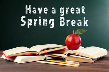 Naklejka premium Text HAVE A GREAT SPRING BREAK on chalkboard. Additional education concept