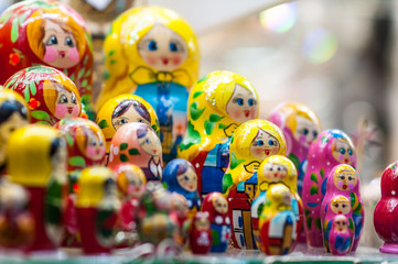 Traditional matryoshka dolls displayed on the shop shelf.