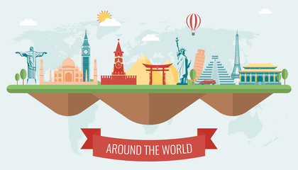 Fototapeta premium Travel composition with famous world landmarks. Vector