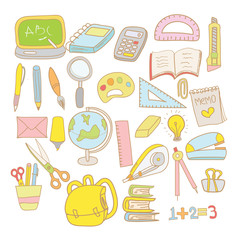Doodle hand drawn style Cartoon stationery for office supply