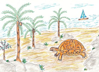 Hand drawn multicolor illustration with nature theme (island, turtle) - scan