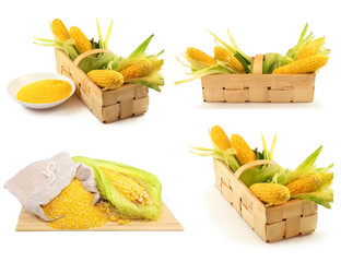 Set of ripe corn with green leaves in the wooden box and in the