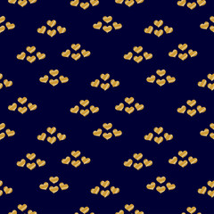 Valentines day seamless pattern with gold glitter hearts on dark blue