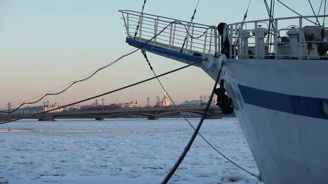 ship in port of northern city In the winter