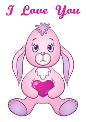 Cartoon Funny Rabbit, Cute Little Bunny, Siting with Valentine Heart in Paws, Holiday Symbol of Love, Isolated on White Background. Eps10, Contains Transparencies. Vector