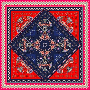 Lovely tablecloth in oriental style with ornamental border. Bright indian scarf with unusual floral pattern. Rug. Kerchief square design style.