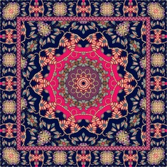 Beautiful indian rug with bright mandala and unusual ornamental border. Packaging design.