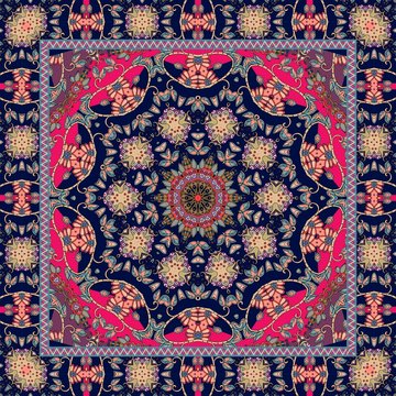 Ethnic pattern with mandala. Silk scarf. Beautiful rug.