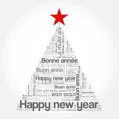 Fototapeta premium Happy New Year in different languages, celebration word cloud greeting card in the shape of a christmas tree